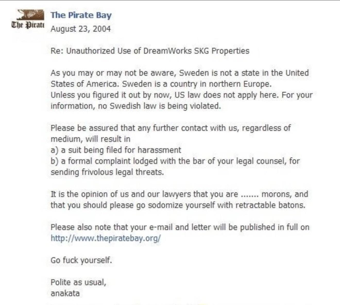 The Pirate Bay response to DreamWorks legal complaint