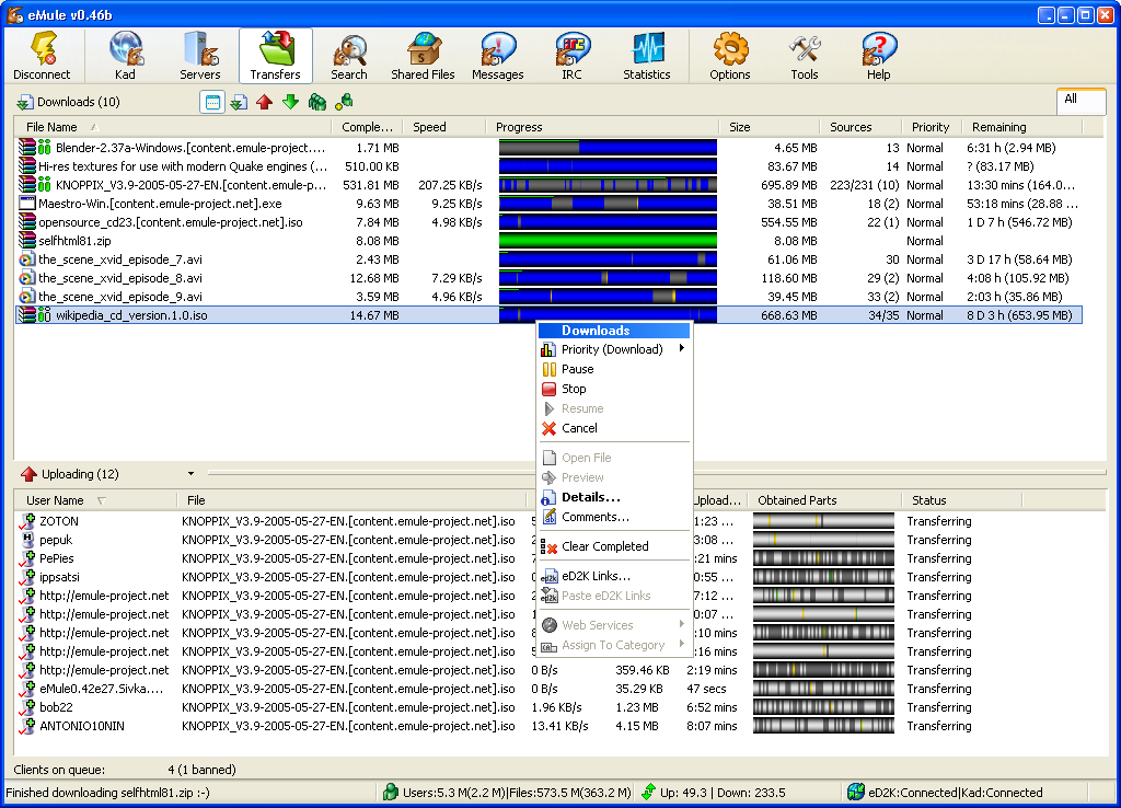 Peer-to-peer download progress screenshot
